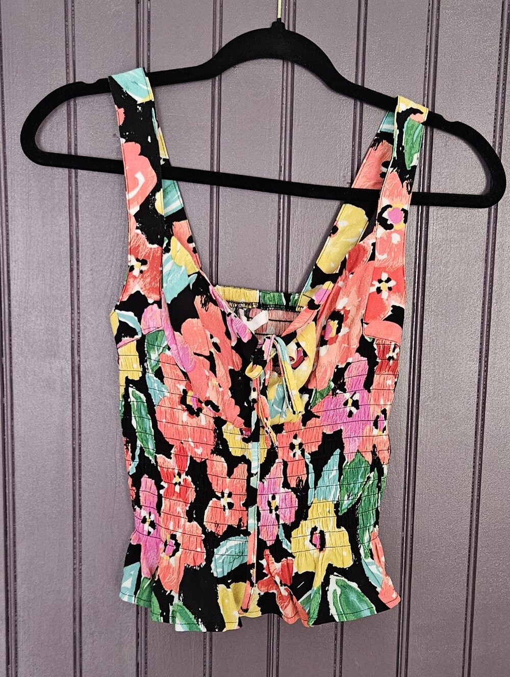 GB girls Black Floral Smocked Camisole with Pink, Yellow & Green